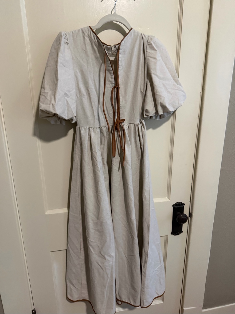 Cream Puff Sleeve Midi Dress with Brown Trim